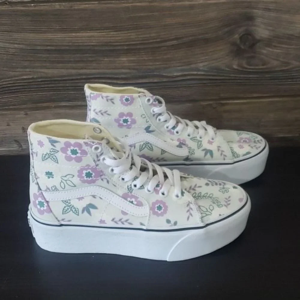 New Vans Sk8 Hi Tapered Stacked‎ Pastel Floral White Purple High Top Platforms